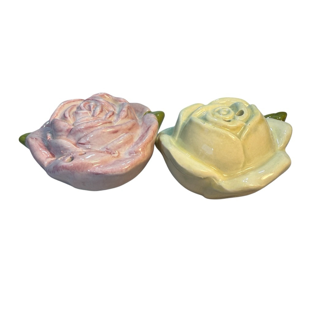 Ceramic Rose Salt & Pepper Shakers Pink Yellow Floral Cottage Decor Set